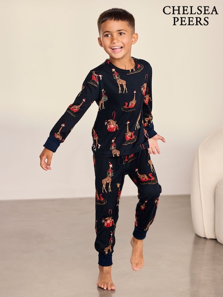 Blue - Chelsea Peers Kids Christmas Giraffe Print Long Pyjama Set
