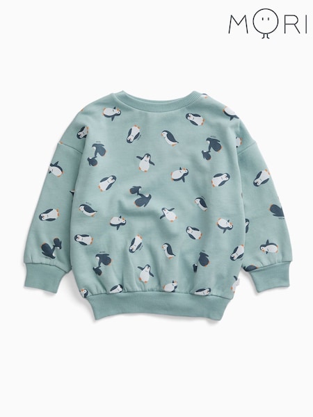 Blue - Mori Blue Penguin Print Sweatshirt