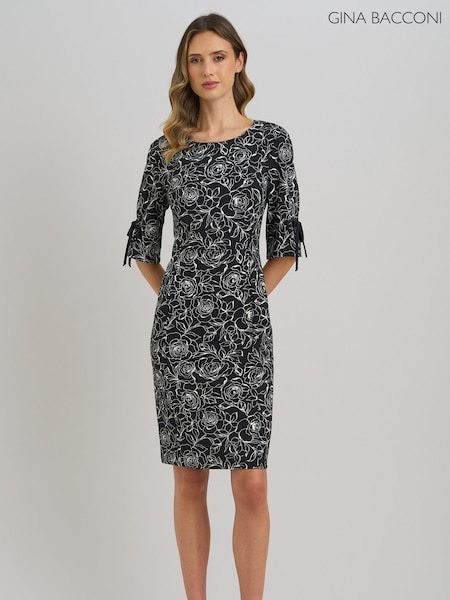 Black - Gina Bacconi Floral Shift Dress With Bow Detail