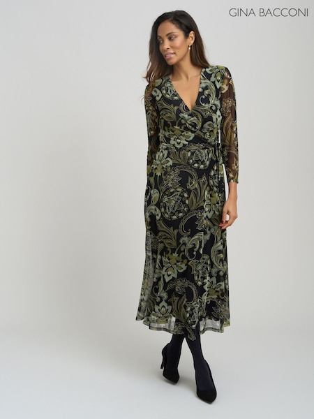 Melns - Gina Bacconi Chestina apdruka Mesh Wrap Midi kleita