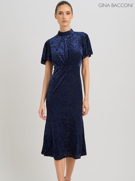 Blue - Gina Bacconi Sallie High Neck Velvet Midi Dress