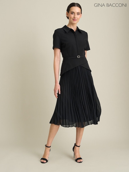Black - Gina Bacconi Sam Belted Pleated Midi Dress