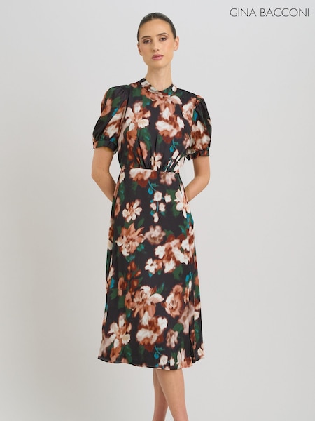 Noir - Gina Bacconi Taryn Floral Print High Neck Midi Dress