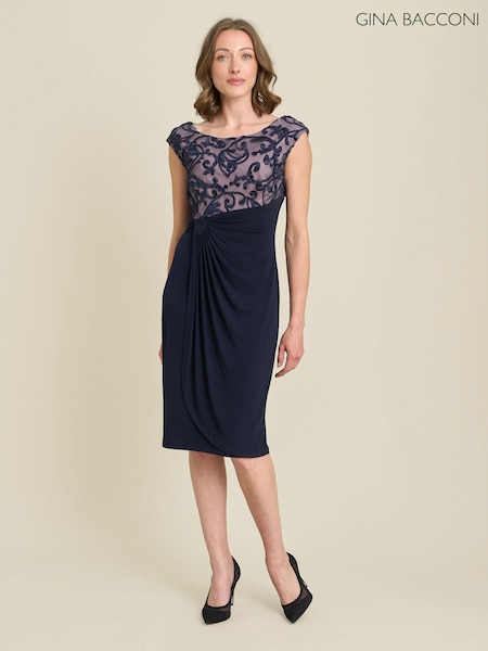 Blue - Gina Bacconi Jana Embroidered Neck Cocktail Dress