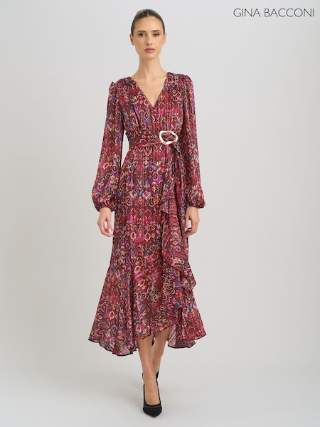 Red - Gina Bacconi Sharron Printed Wrap Midi Dress