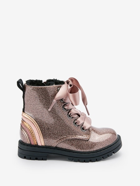 Rose Gold Pink Standard Fit (F) Warm Lined Lace-Up Boots (202778) | €11 - €13