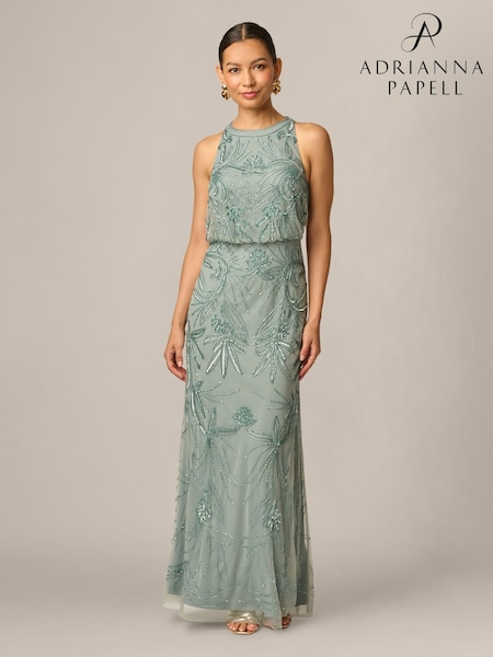 Green - Adrianna Papell Petite Bead Blouson Long Dress