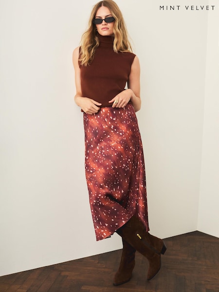 Brown - Mint Velvet Animal Print Satin Slip Skirt