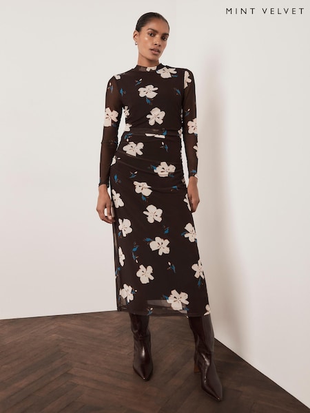 Dark Brown - Mint Velvet Mesh Midi Dress