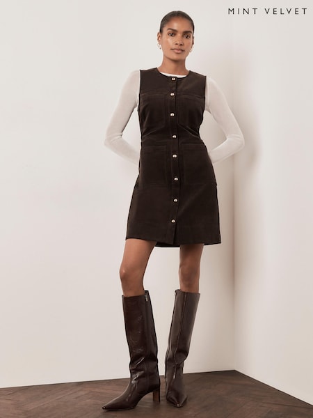 Brown - Mint Velvet Corduroy Sleeveless Patch Pocket Mini Dress