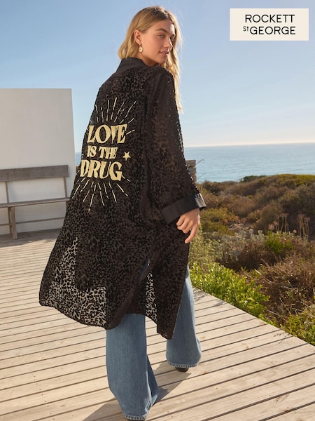 أسود - Rockett St George Leopard Print Burnout Slogal Back Maxi Kimono (203519) | ‏247 د.إ.‏