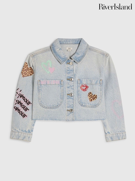 Blue - River Island Leopard Heart Denim Jacket