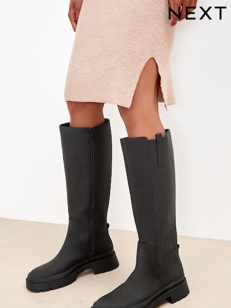 Black Forever Comfort® Chunky Rubberised Knee High Boots (203887) | €26