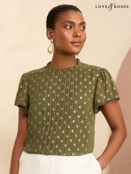 Love & Roses Khaki Green Beaded Metallic Flutter Sleeve Blouse (203967) | 208 QAR