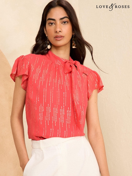 Love & Roses Flutter Sleeve Tie Neck Blouse (204437) | 261 LEI