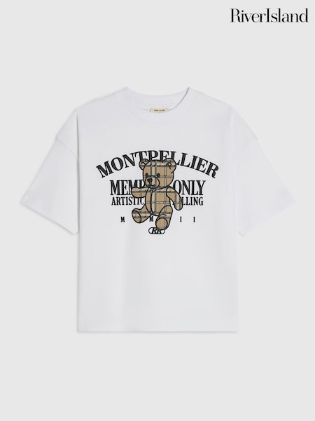 White - River Island Oversized Checked Bear T-shirt