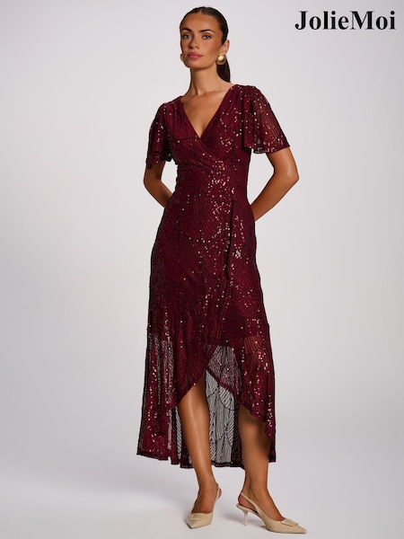 Burgundy Red - Jolie Moi Sequin Angel Sleeve Flare Hem Maxi Dress