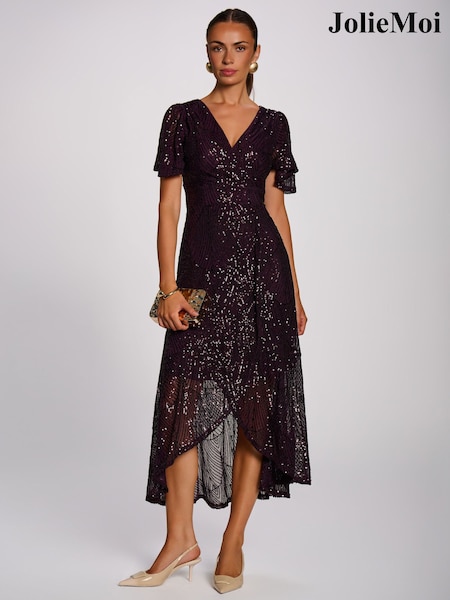 أرجواني - Jolie Moi Sequin Angel Sleeve Flare Hem Maxi Dress