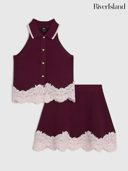 Red - River Island Lace Hem Polo Top & Skirt Set
