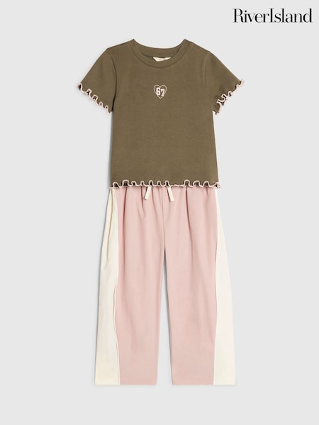 Verde - River Island Ribbed T-shirt & Joggers Set