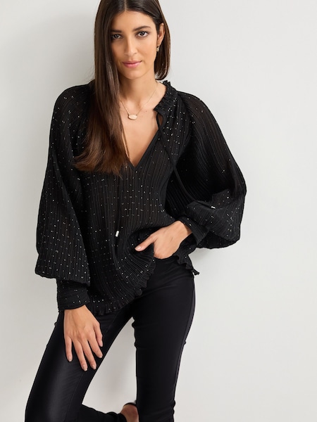 Черный - Pleated Sparkle Tie Neck Long Sleeve Blouse (206297) | €13