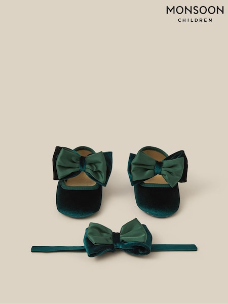 Verde - Conjunto de patucos y diadema de terciopelo con lazo para bebé Monsoon