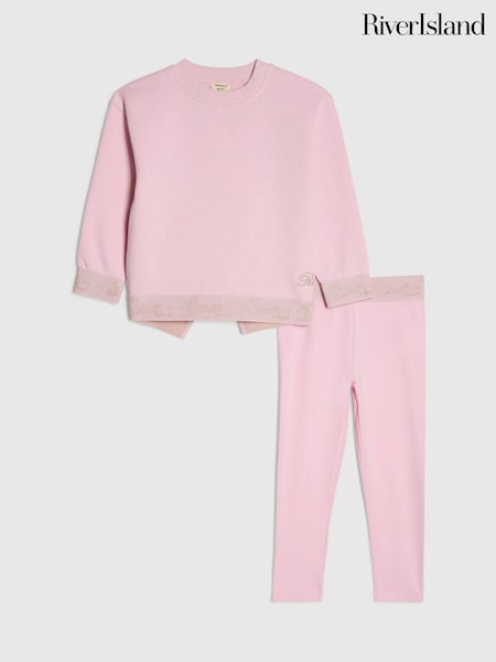وردي - طقم من سويت شيرت بحزام خصر وبنطلون ضيّق من River Island