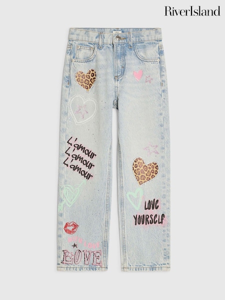 Blue - River Island Light Wash Leopard Heart Straight Fit Jeans