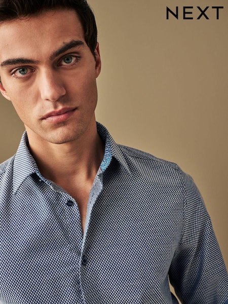 Navy Blue Regular Fit Cotton Textured Trimmed Single Cuff Shirt (207640) | AED105