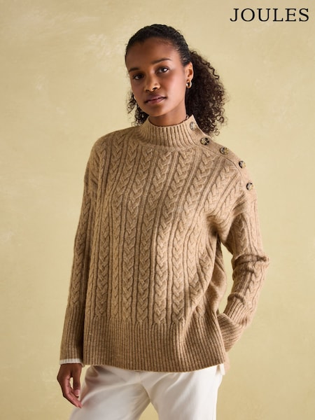 Joules Betsy Camel Button Shoulder Cable Jumper (209009) | €52.50