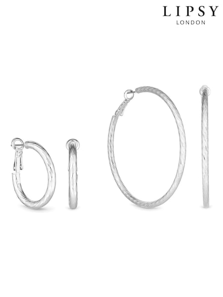 Lipsy Jewellery Silver Tone Diamond Cut Hoops Earrings Packs of 2 (209192) | €12.50
