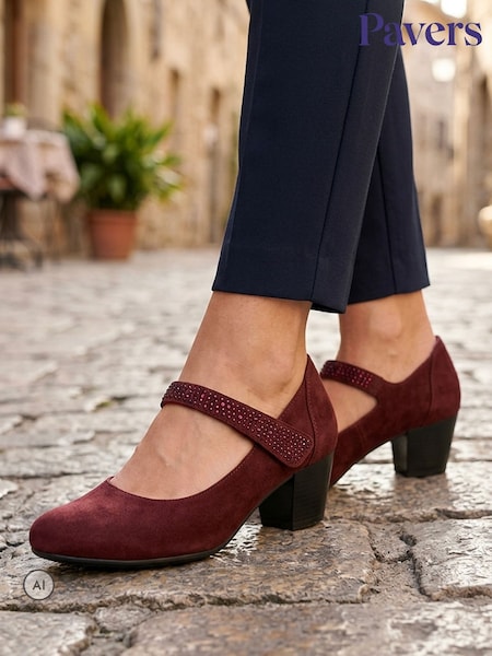 Red - Pavers Wide Fit Cone Heeled Mary Janes Shoes