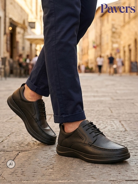 أسود - Regular Pavers Extra Wide Smart Leather Lace Up Shoes