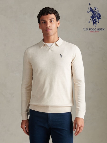 Nature - Regular U.s. Polo Assn Combed Cotton Open Collar Long Sleeve Polo Shirt