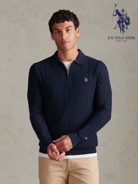 Navy Blue - Regular U.s. Polo Assn Long Sleeve Zip Knit Polo Shirt