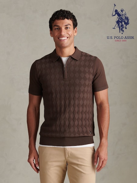 Brun - Regular U.s. Polo Assn Argyle Zip Neck Knitted Polo Shirt