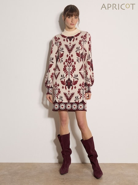 Natural - Apricot Folk Floral Mini Jumper Dress