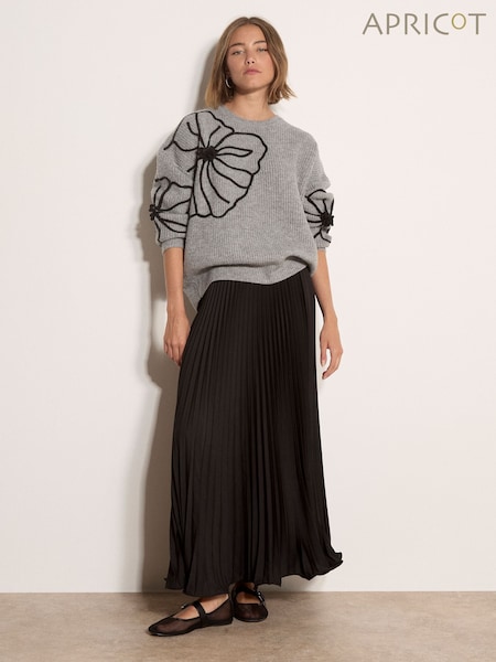 Black - Apricot Satin Pleated Maxi Skirt