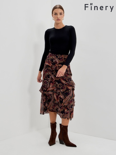 שחור - Finery Kat Asymmetric Ruffle Midi Skirt