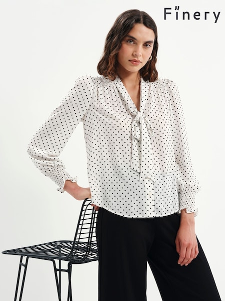 White - Finery Mavis Polka Dot Print Pussybow Blouse