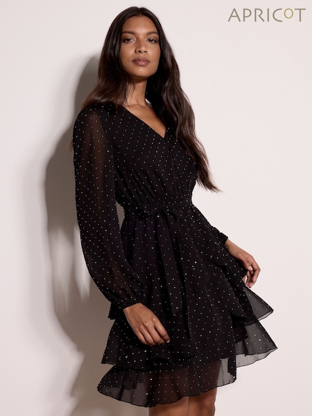 Black - Apricot Diamante Embellished Chiffon Tiered Mini Dress