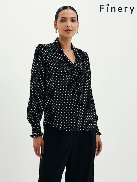 Black - Finery Mavis Polka Dot Print Pussybow Blouse