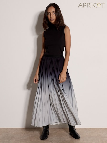 Black - Apricot Ombre Pleated Midi Skirt