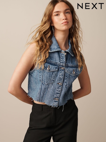 Mid Blue Cropped Sleeveless Denim Jacket Waistcoat (211276) | €8