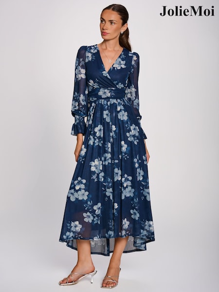 Blue - Jolie Moi Long Sleeve Maxi Mesh Dress