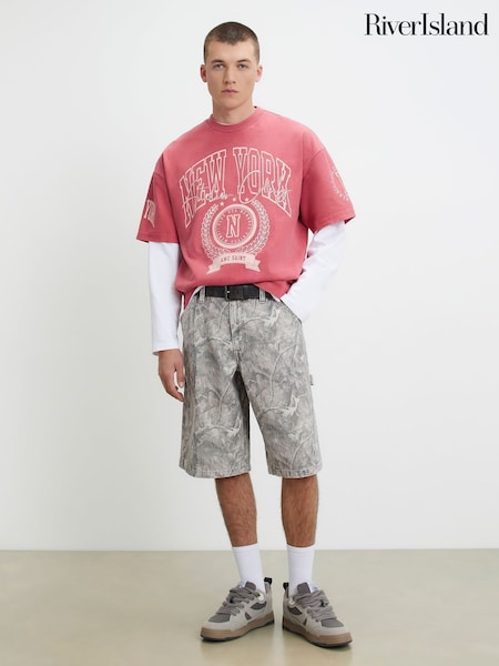 레드 - Regular River Island Oversized Fit New York Badge T-shirt