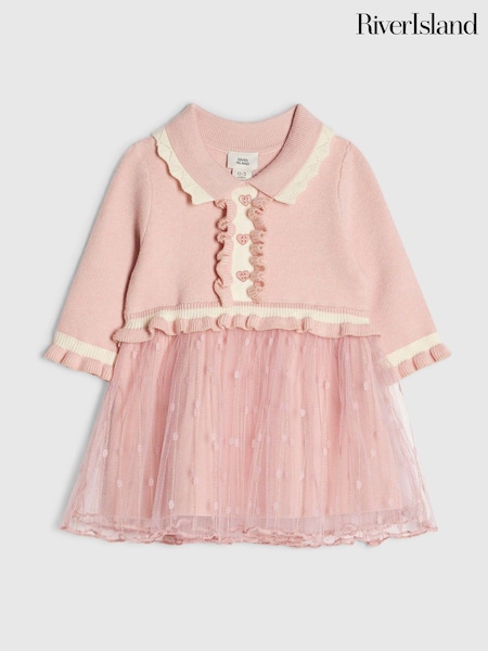 Pink - River Island Tulle Hybrid Knit Dress