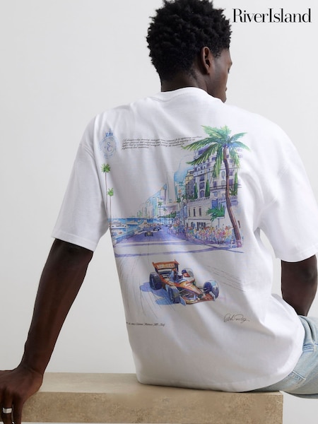 White - Regular River Island Oversized F1 Palm Tree Graphic T-shirt