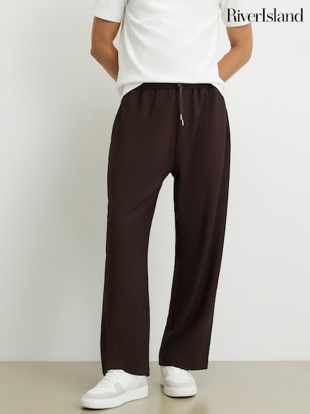 بني - Regular River Island Brown Wide Leg Ottoman Texture Joggers