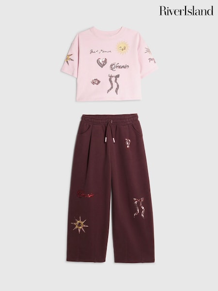 Pink - River Island Cropped Embroidered T-shirt & Joggers Set
